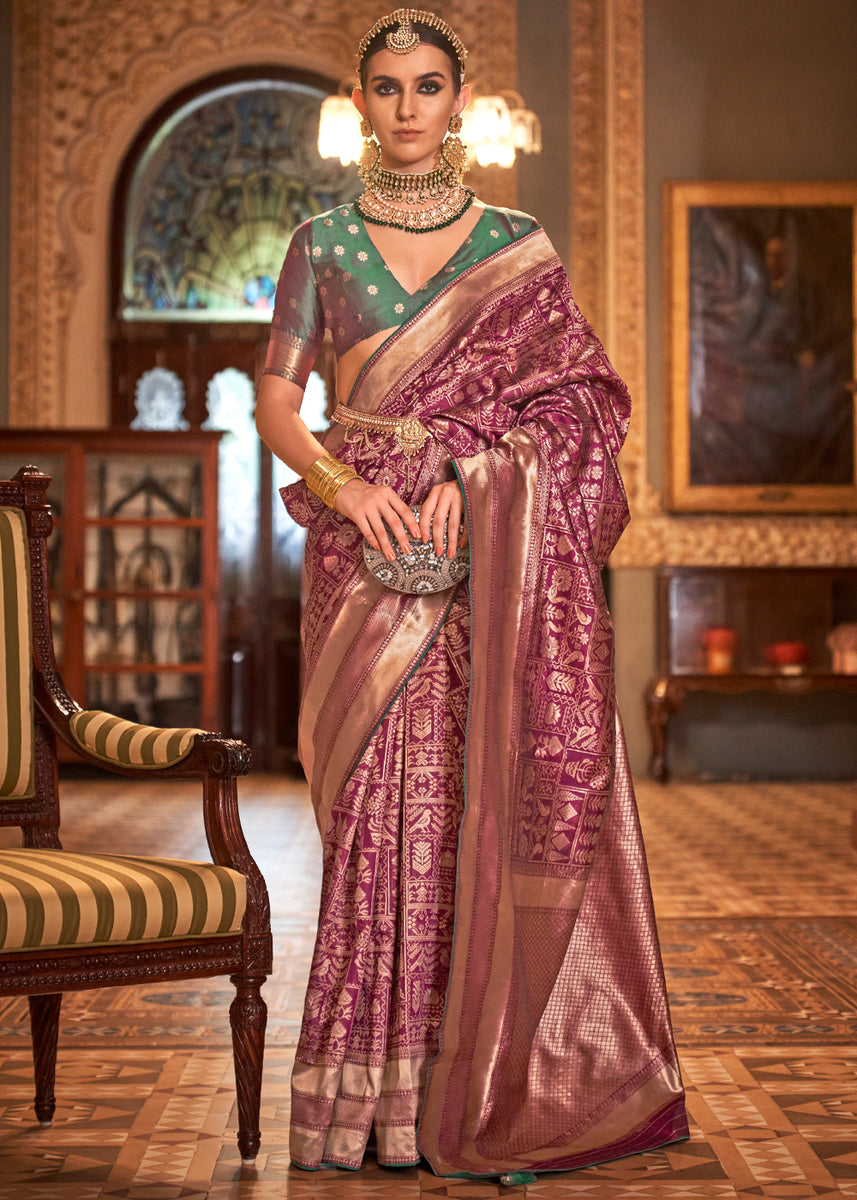 Wine Purple Woven Banarasi Soft Silk Saree – Zari Banaras
