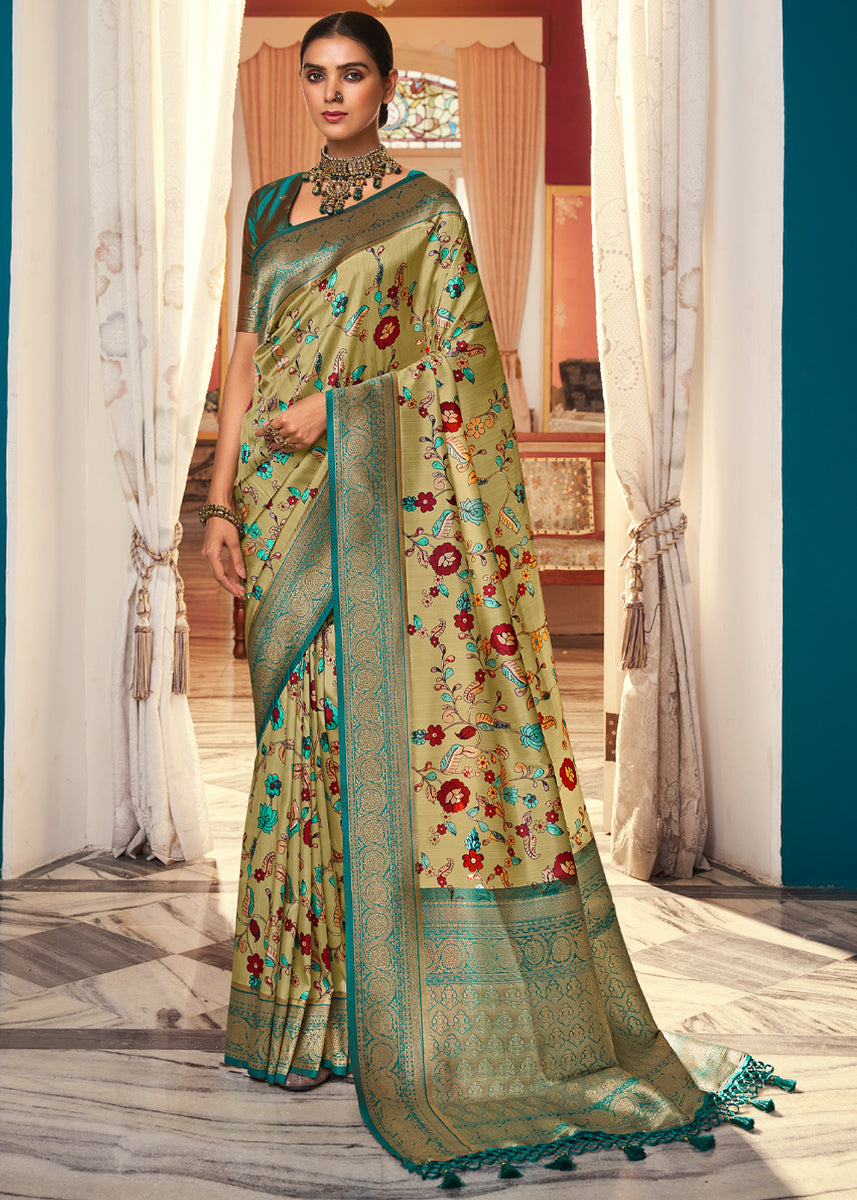 Lily Green Woven Banarasi Cotton Silk Saree With Digital Print – Zari  Banaras