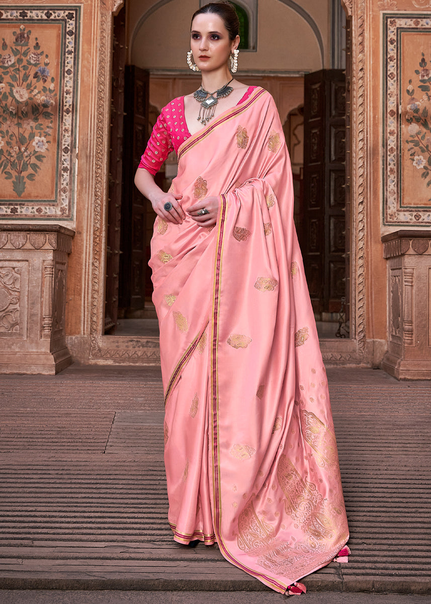 Peach Pink Woven Satin Silk Saree With Contrast Brocade Blouse