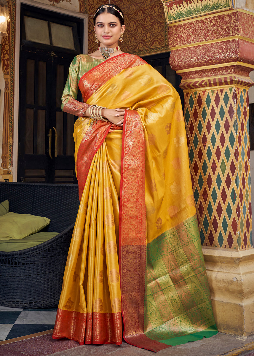 Sunshine yellow banaras brocade saree by Magizham