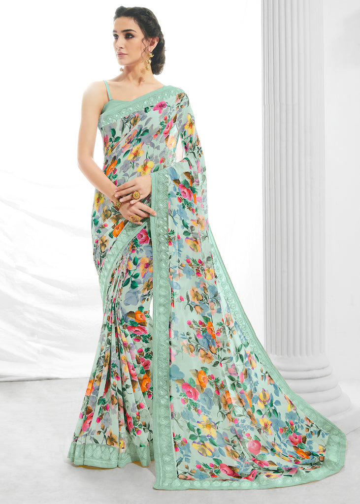 PISTA GREEN PRINTED SAREE WITH EMBROIDARY (6885522145473)