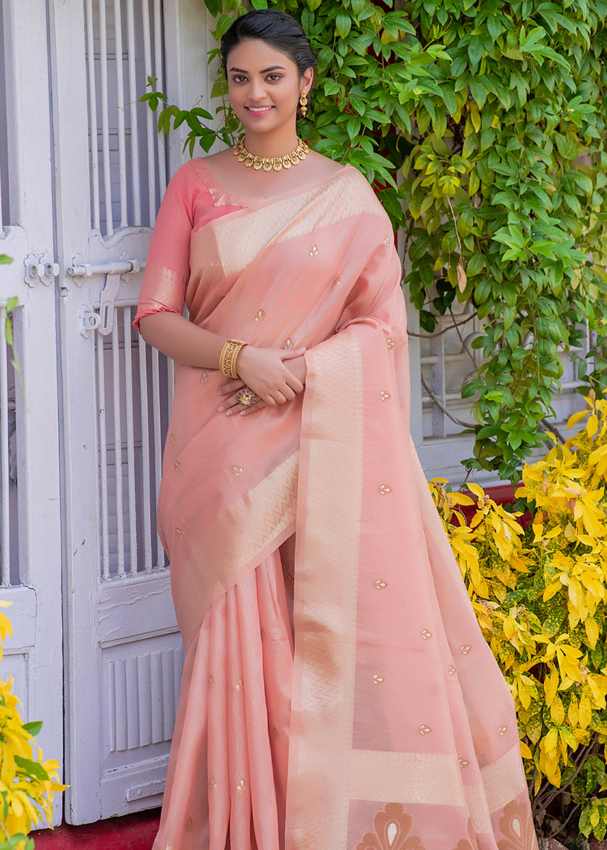 Orchid Pink Woven Banarasi Linen Silk Saree – Zari Banaras