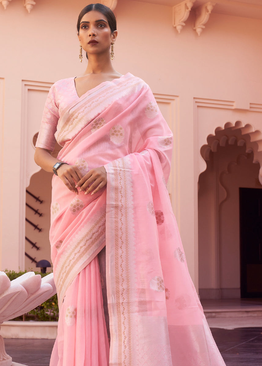 Soft Pink Woven Banarasi Linen Silk Saree – Zari Banaras