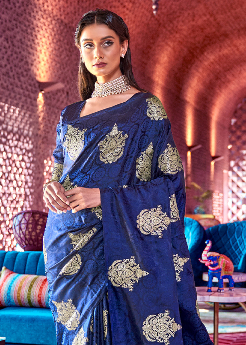 Royal Blue Soft Satin Silk Banarasi Saree – Zari Banaras