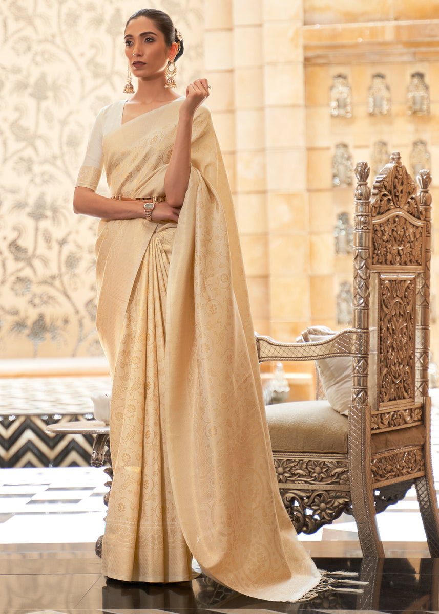 Wedding Edit Royal Golden Ivory Kanjivaram Silk Saree Zari Banaras