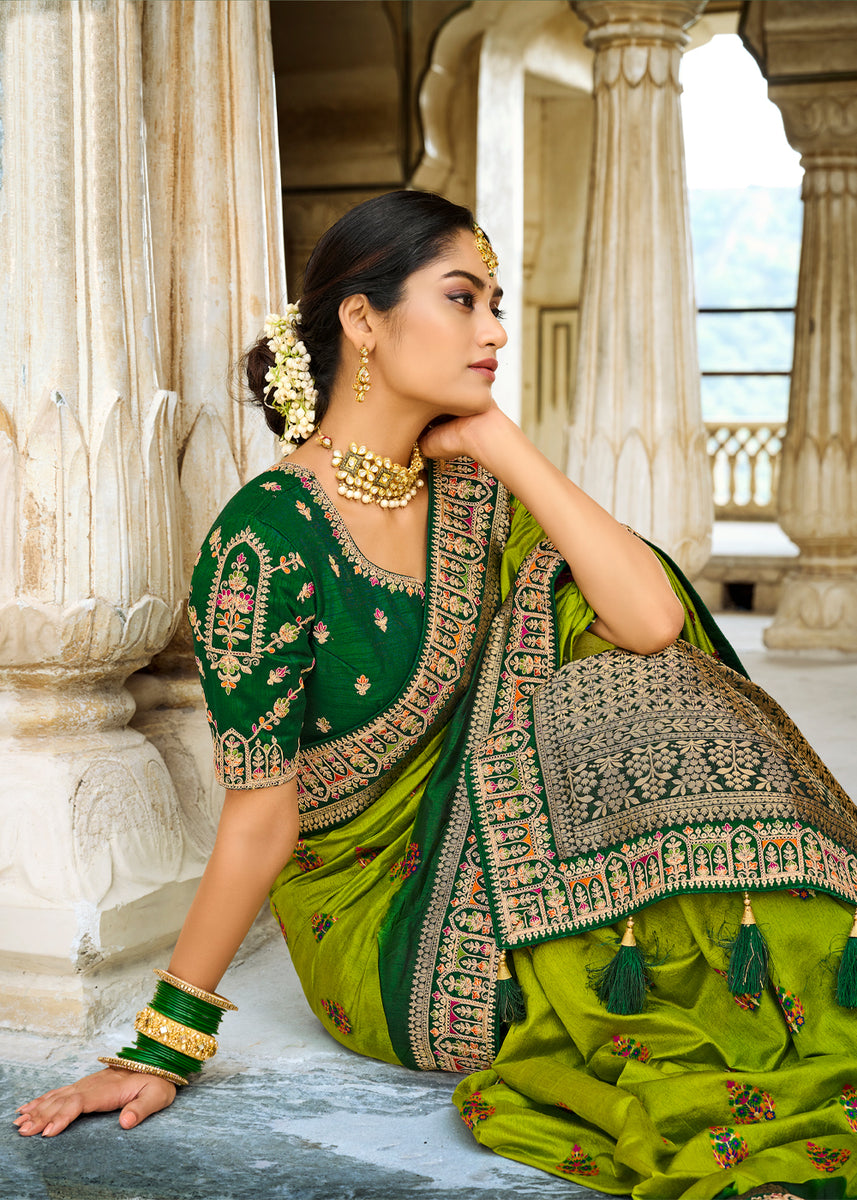 Kelly Green Silk Shimmer Embroidered Saree - NRF42907