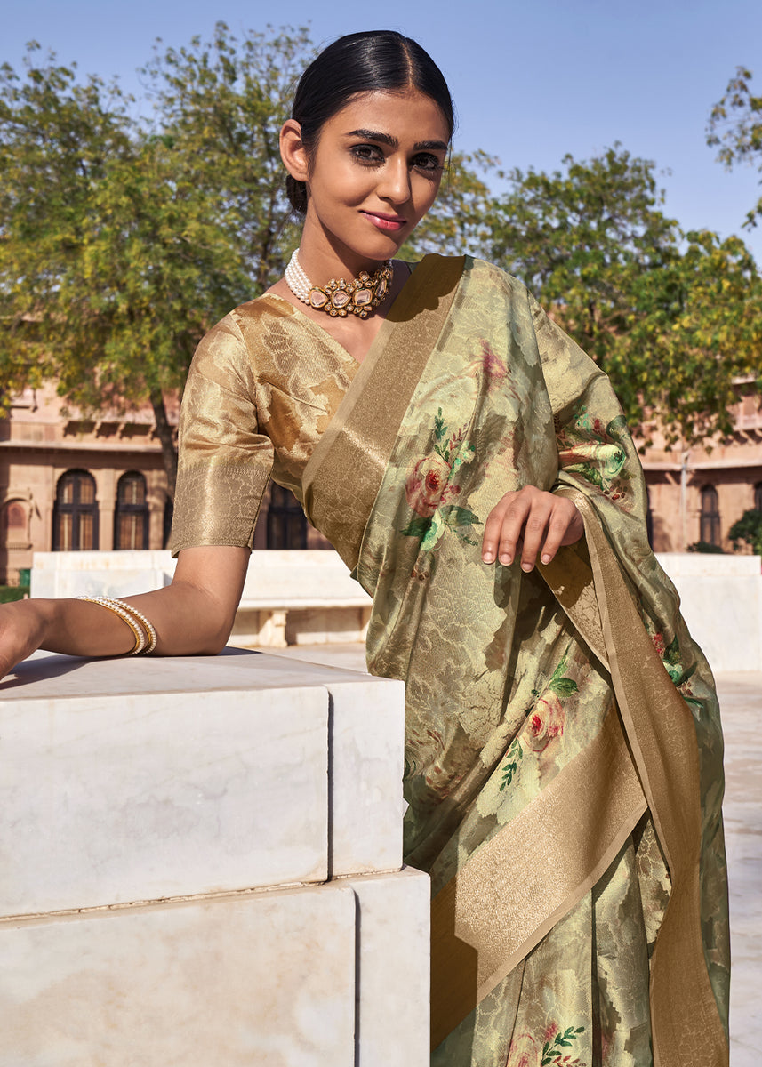 Lily Green Woven Banarasi Cotton Silk Saree With Digital Print – Zari  Banaras