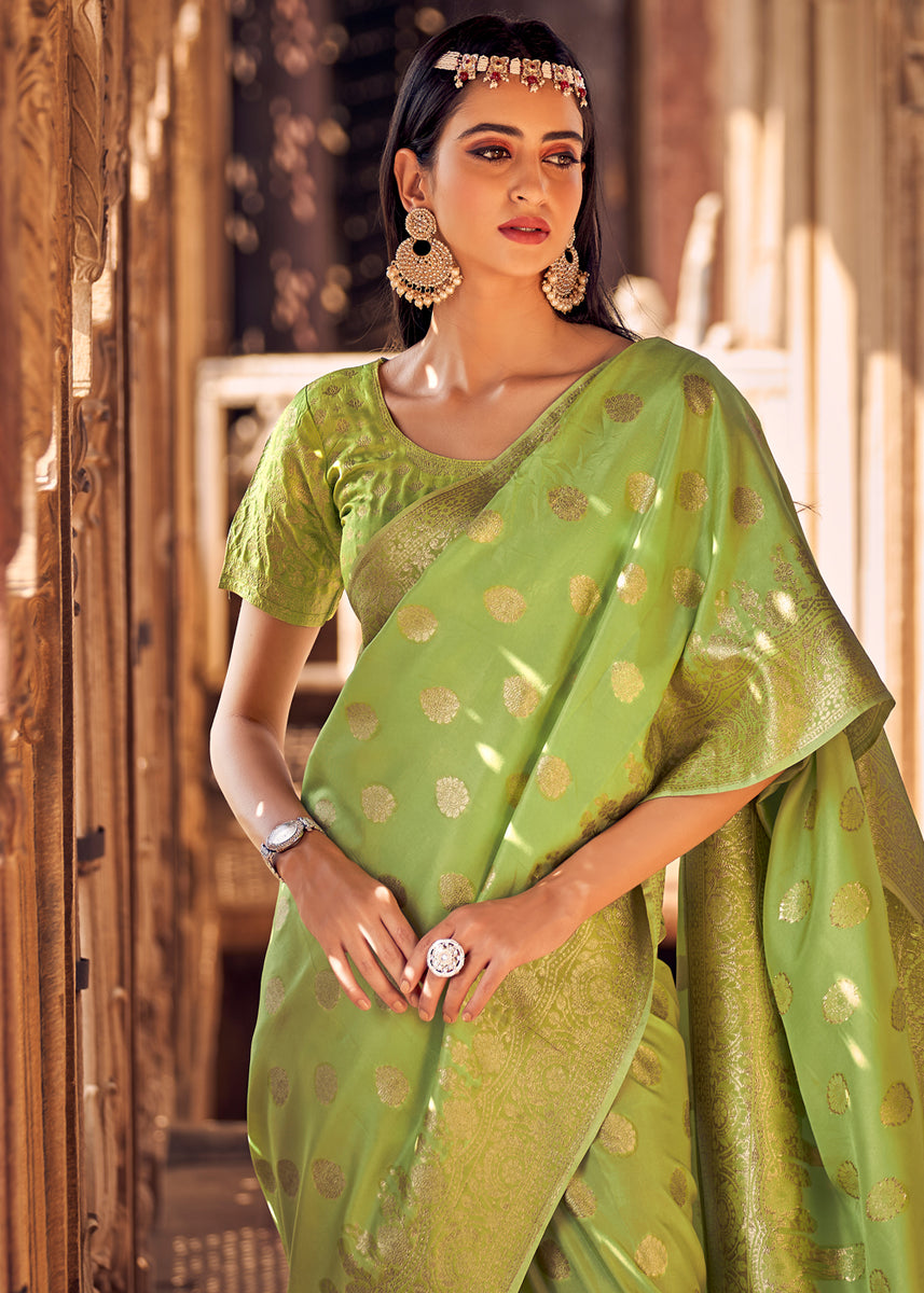 Pista Green Woven Banarasi Brocade Silk Saree – Zari Banaras