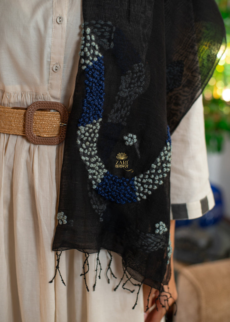 Midnight Bloom Embroidered Black Scarf (10701264126145)