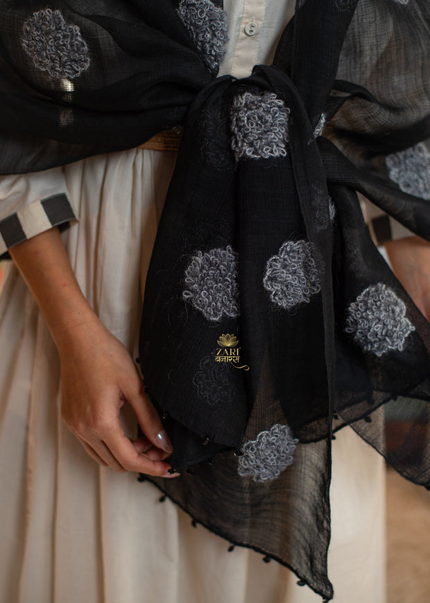 Textured Applique Black Scarf (10701264027841)