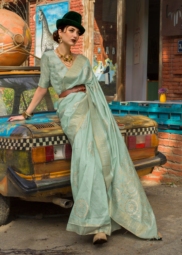 Pastel Green Woven Tusser Silk Saree
