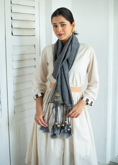 Graphite Beaded Tassel Grace Silk Scarf (10701255606465)