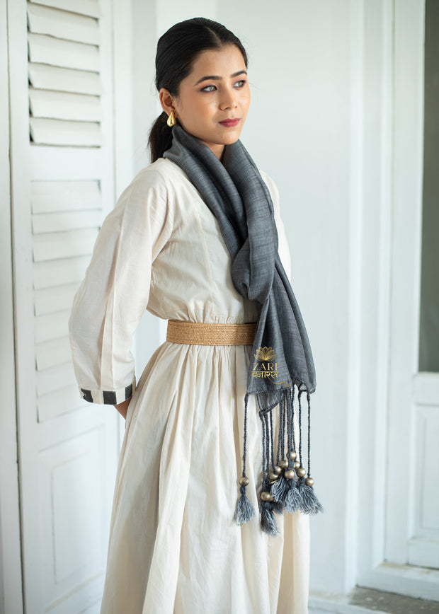 Graphite Beaded Tassel Grace Silk Scarf (10701255606465)
