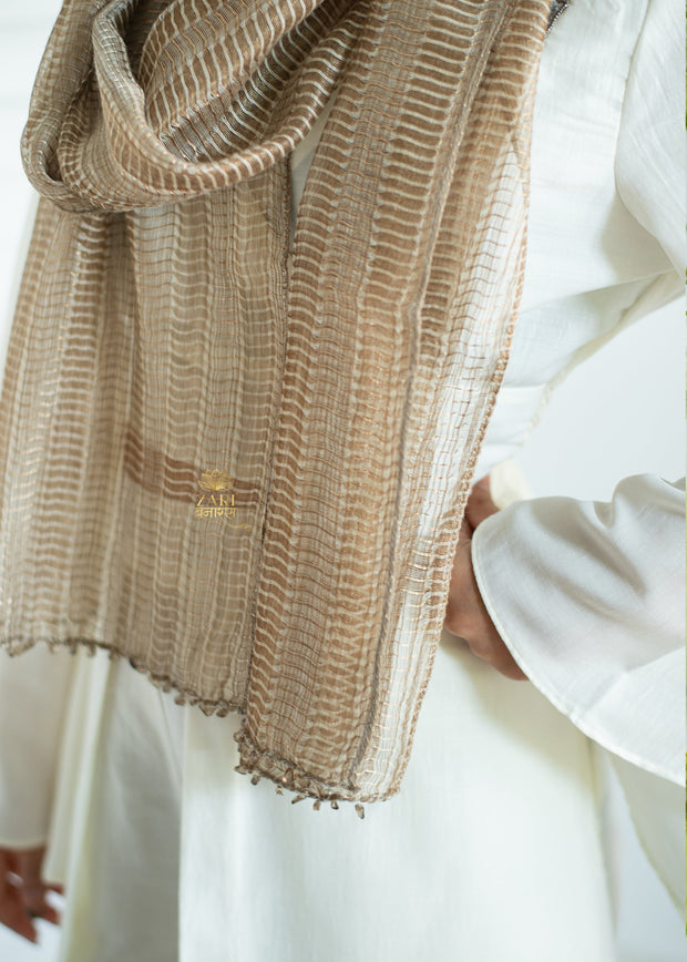Taupe Tide Beige Bloom Metalised Silk Scarf (10701254721729)