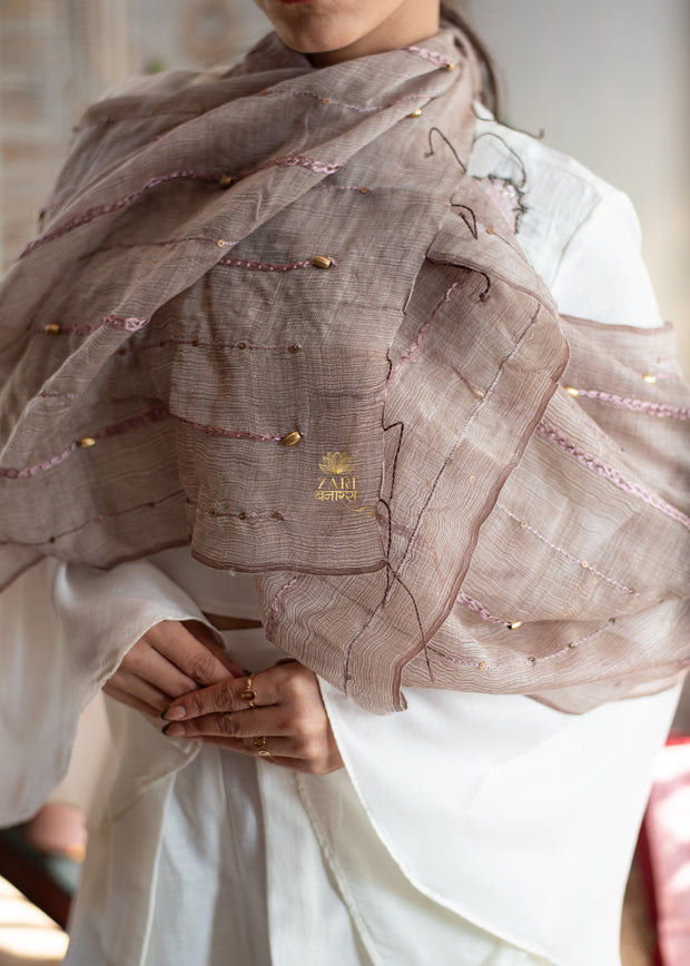 Sepia Thread & Bead Mauve Silk Scarf (10701252460737)