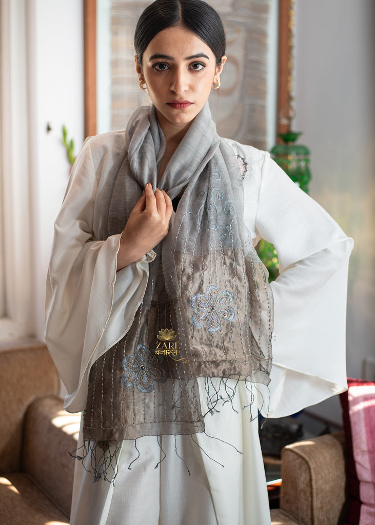 Sepia Bloom & Gleam Grey Scarf (10701251805377)