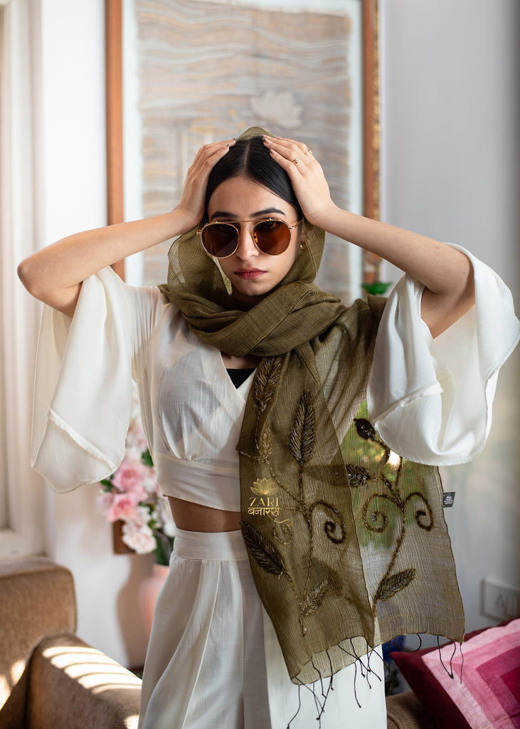 Olive Thread Leaf Scarf (10701251018945)