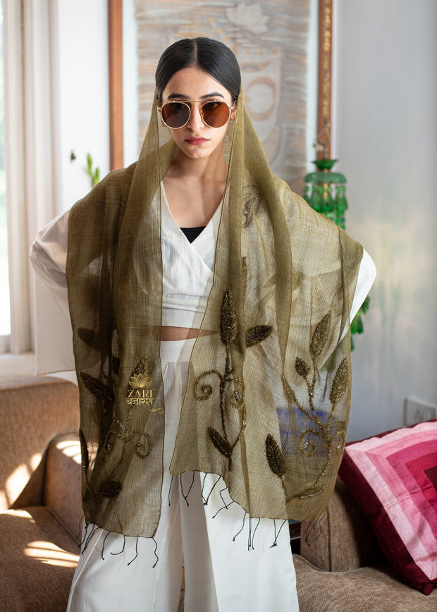 Olive Thread Leaf Scarf (10701251018945)