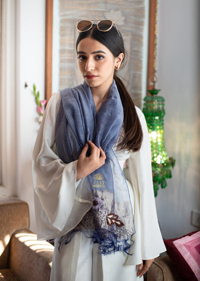 Purple Bloom Embroidery Silk Metalised Scarf (10701250822337)