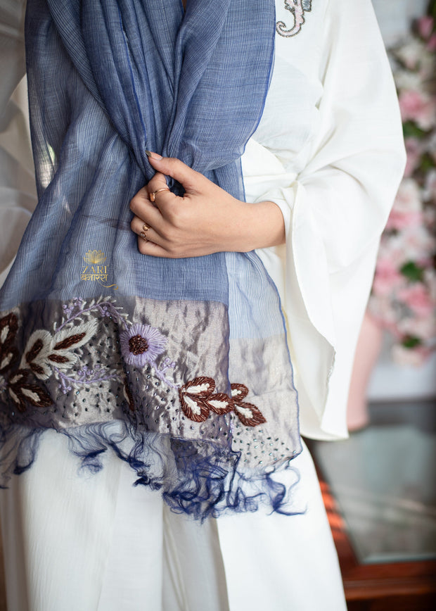 Purple Bloom Embroidery Silk Metalised Scarf (10701250822337)