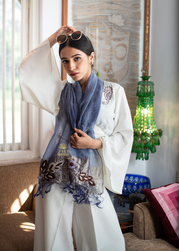 Purple Bloom Embroidery Silk Metalised Scarf (10701250822337)