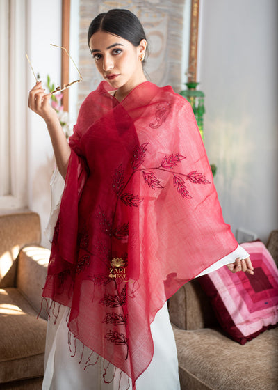 Deep Red Embroidered Leaf Scarf (10701250756801)