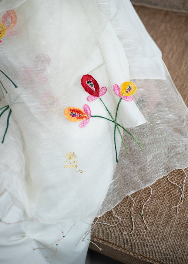 Three Bloom White Cotton Scarf (10701249020097)