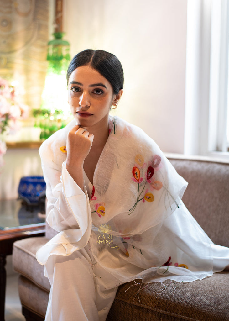 Three Bloom White Cotton Scarf (10701249020097)