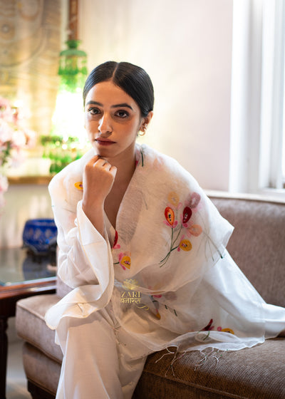 Three Bloom White Cotton Scarf (10701249020097)