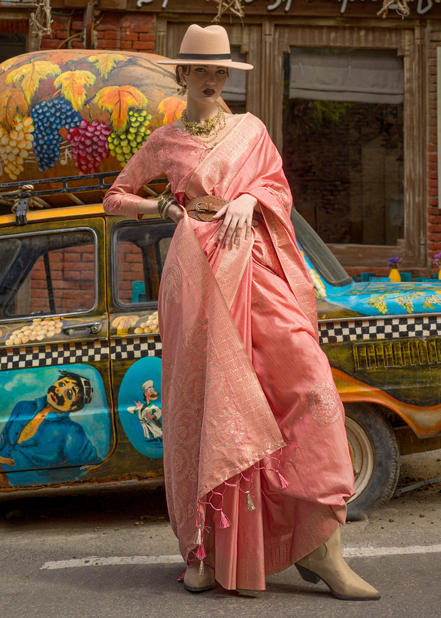 Coral Pink Woven Tusser Silk Saree