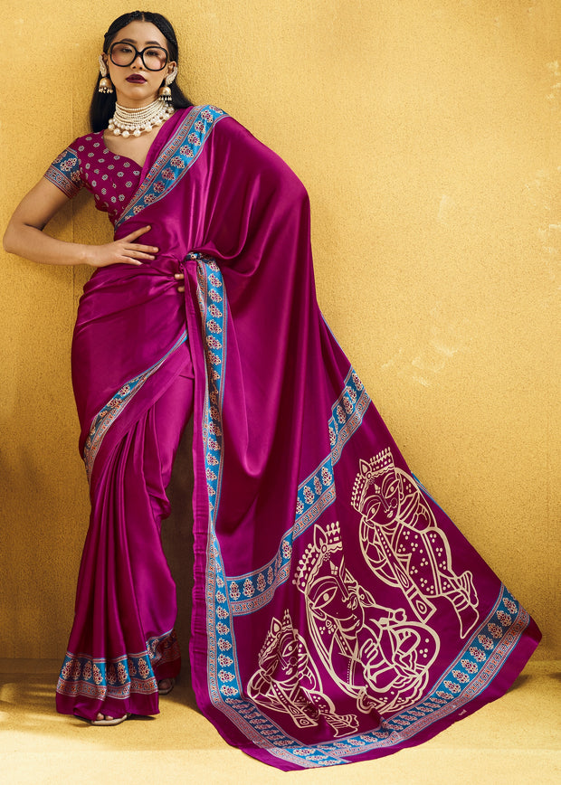 Plum Magenta Satin Silk Saree with Ajrakh Printed Pallu and Blouse