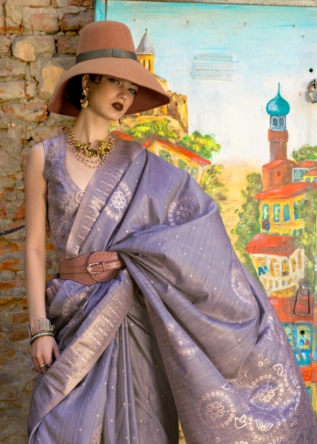 Plum Lavender Woven Tusser Silk Saree