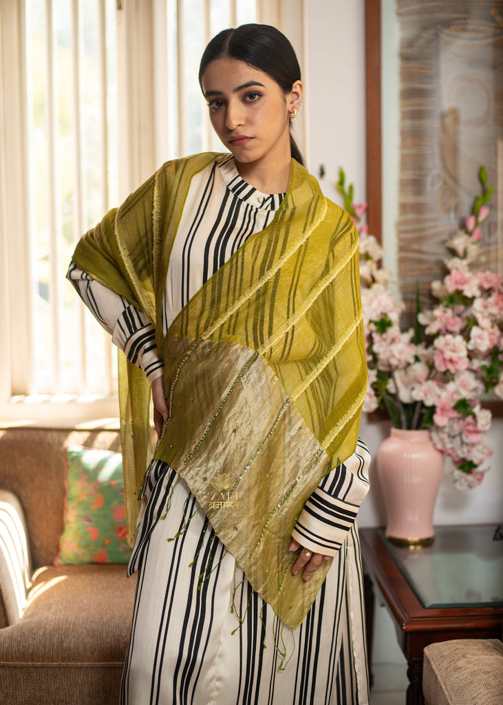 Olive and Gold Diagonal Metallised Yarn Scarf (10701262487745)