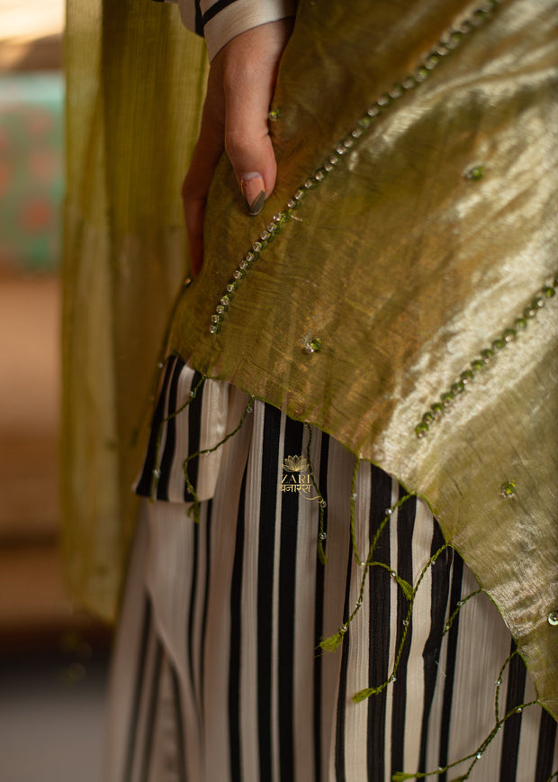 Olive and Gold Diagonal Metallised Yarn Scarf (10701262487745)