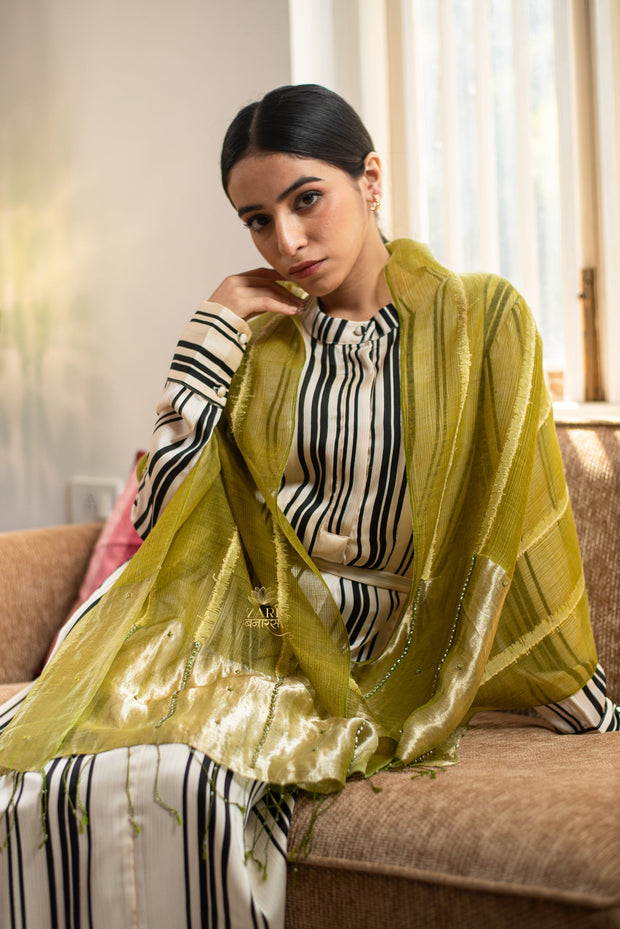 Olive and Gold Diagonal Metallised Yarn Scarf (10701262487745)