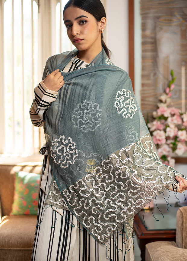 Whispers of Gold Slate Grey Embroidered Scarf (10701262356673)