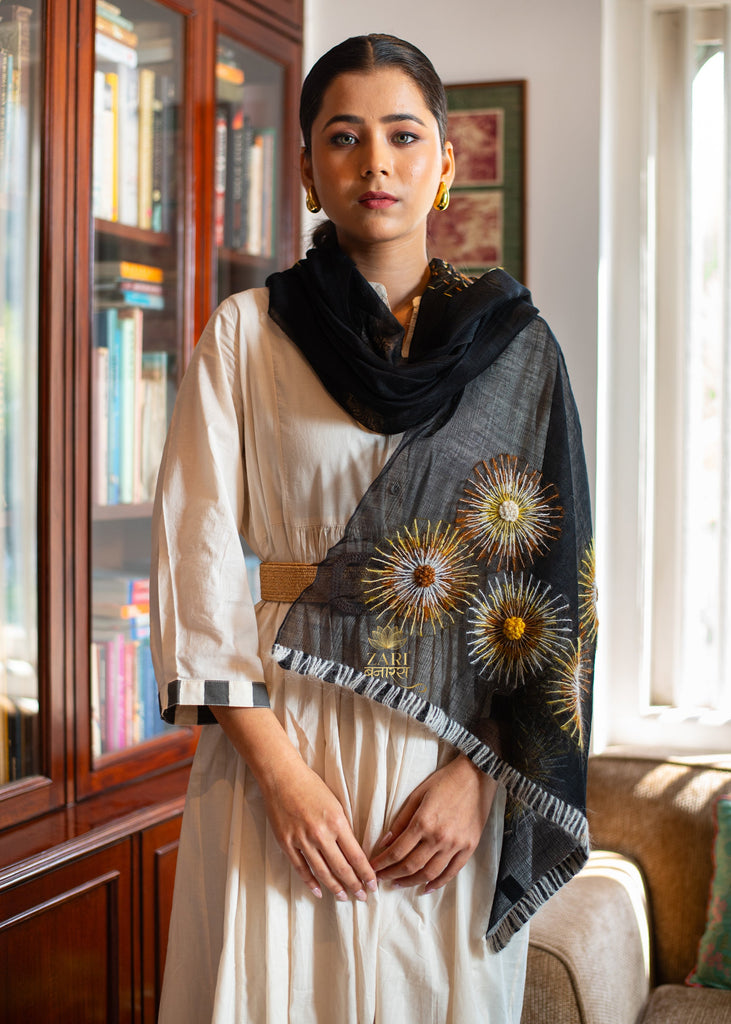 Solar Blooms Embroidered Black Scarf (10701261766849)