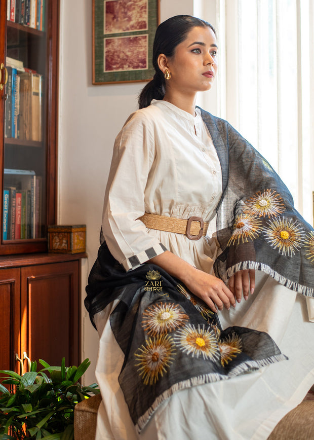 Solar Blooms Embroidered Black Scarf (10701261766849)