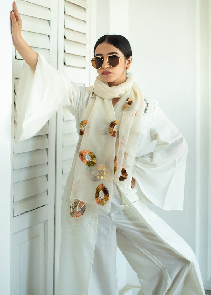 Whispers of Bloom Off White Embroidered Scarf (10701261471937)
