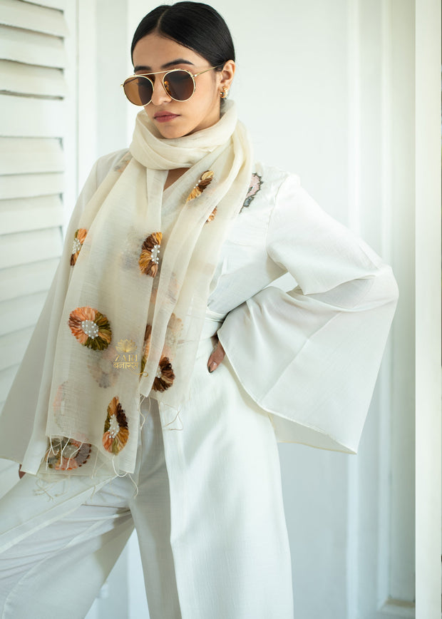 Whispers of Bloom Off White Embroidered Scarf (10701261471937)