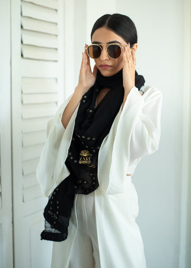 Shadow Stitch Black Embroidered Scarf (10701261406401)