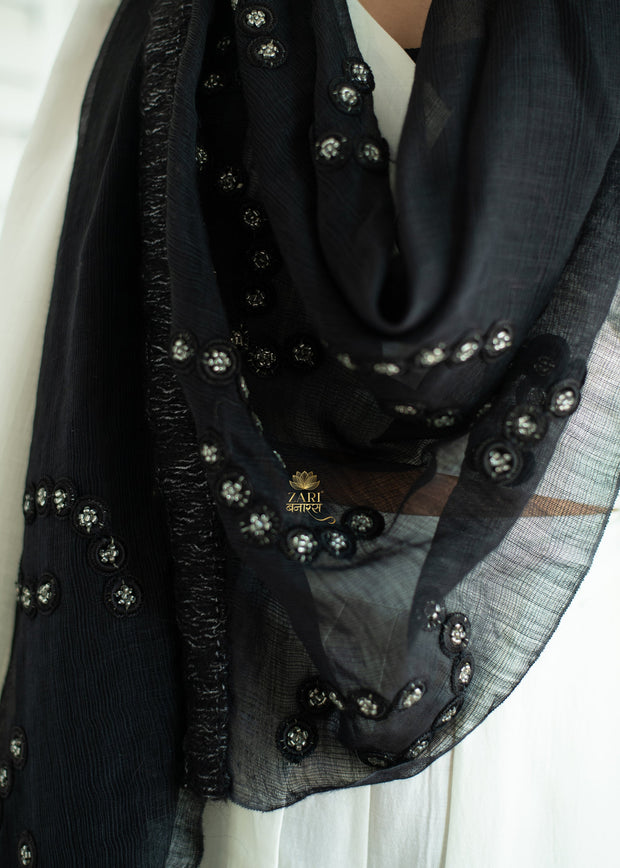 Shadow Stitch Black Embroidered Scarf (10701261406401)