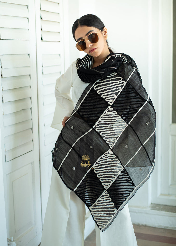 Black & White Mosaic Embroidered Scarf (10701261275329)