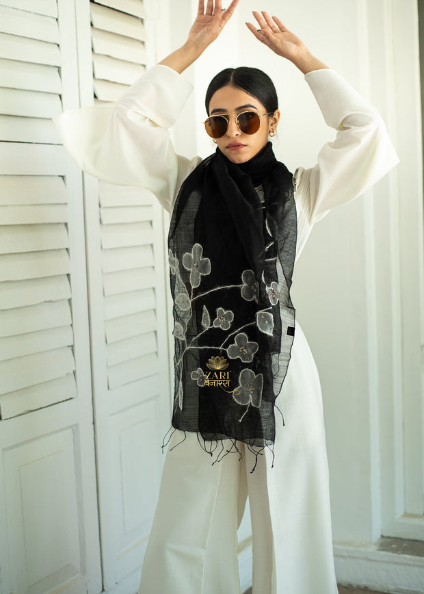 Nocturne Bloom Black Silk Scarf (10701261144257)