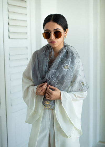 Silvered Vine Grey Silk Scarf (10701259178177)