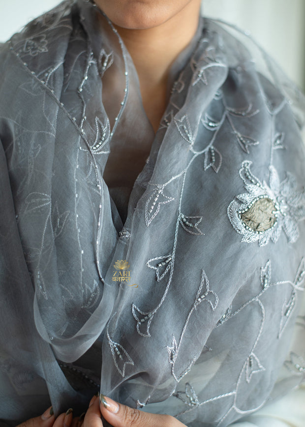 Silvered Vine Grey Silk Scarf (10701259178177)