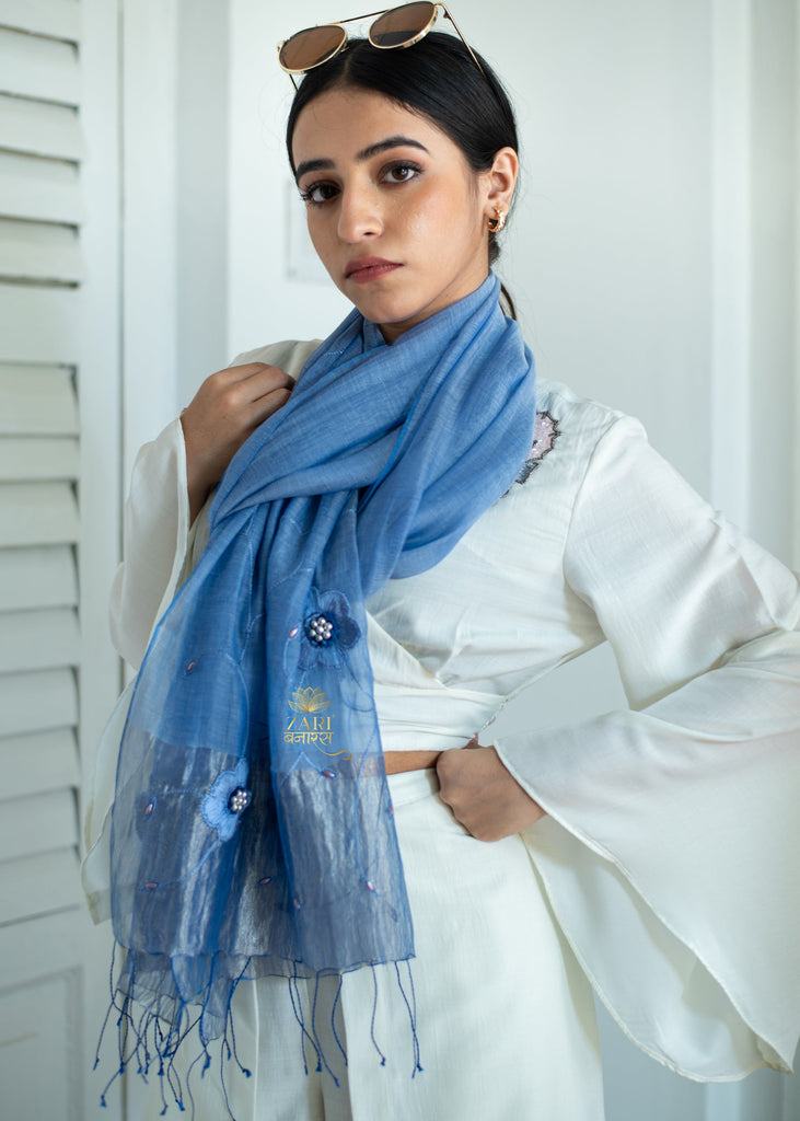 Beaded Blue Floral Elegance Scarf (10701257605313)