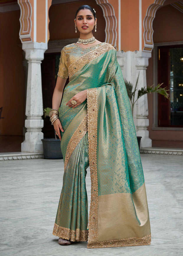 Rama Green Bead Work Kanjivaram Soft Silk Saree