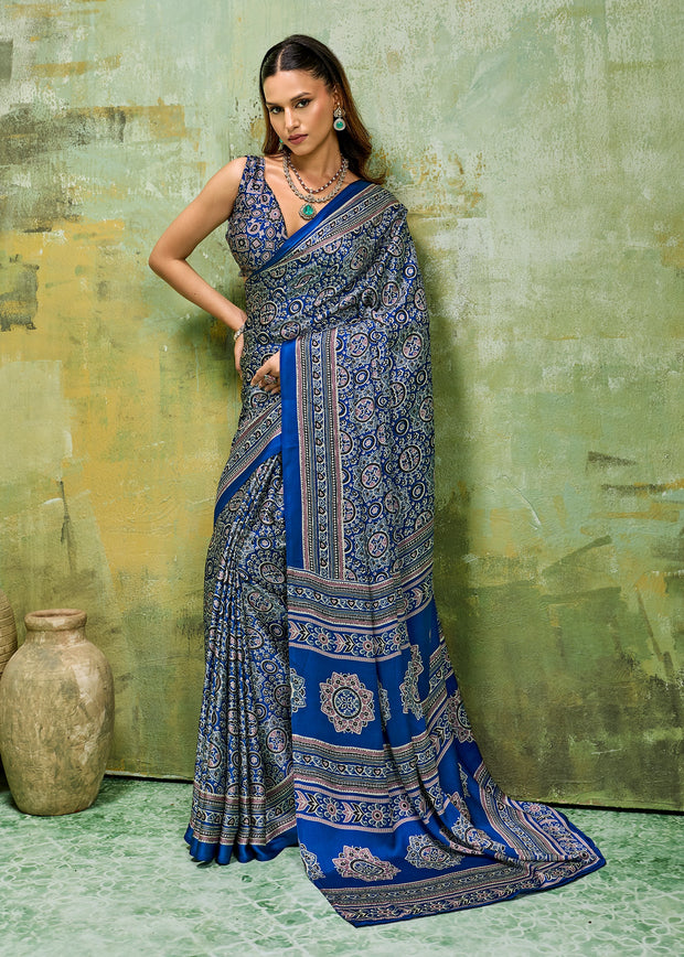 Indigo Blue Printed Satin Silk Saree