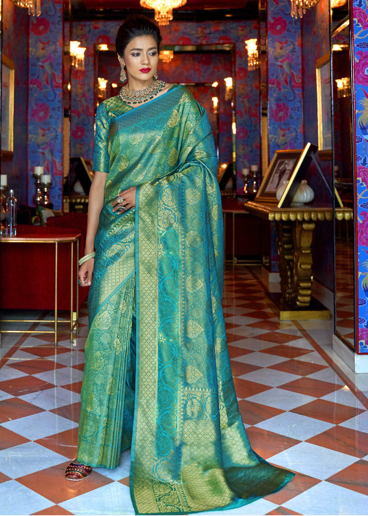 GOLDEN SEA BLUE WOVEN KANJIVARAM SILK SAREE (5673681617047) (7628007047361)